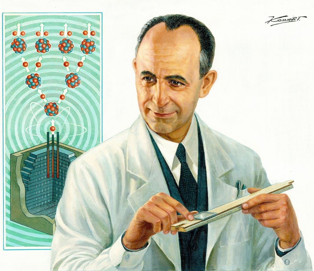 Gherman Komlev (Russia,1933-2000) oil painting: ARTIST: Gherman Alexeyevich Komlev (Russian, 1933 - 2000) TITLE: Portrait of Enrico Fermi (titled on verso) YEAR: 1987 MEDIUM: oil on canvas. Canvas applied to board. <