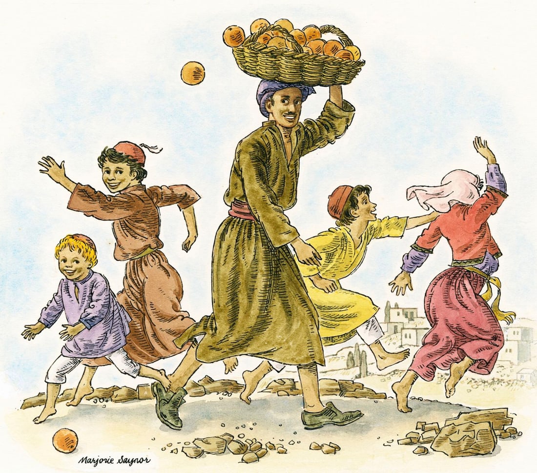Marjorie Saynor (UK,1924-2012) watercolor painting: ARTIST: Marjorie Saynor (United Kingdom, 1924 - 2012) TITLE: Children Playing, Israel YEAR: 1978 MEDIUM: watercolor on board CONDITION: Very good. <