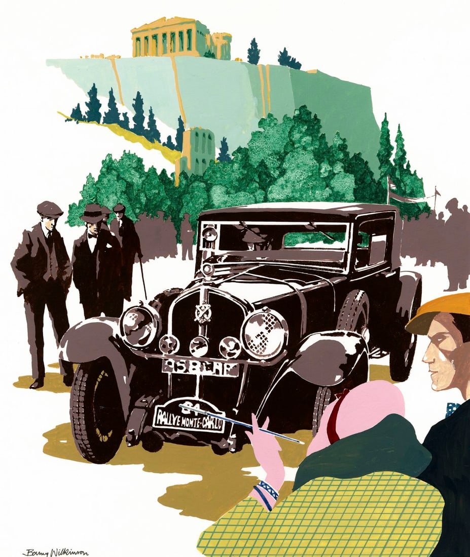 Barry Wilkinson (UK,1923-2007) gouache painting: ARTIST: Barry Wilkinson (United Kingdom, 1923 - 2007) TITLE: Greece N 1, Hotchkiss Car (titled on verso) YEAR: 1984 MEDIUM: gouache on board CONDITION: