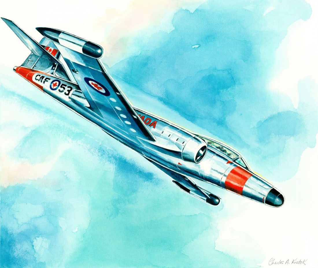 Charles Knotek (US,1933-2008) watercolor painting: ARTIST: Charles Knotek (American, 1933 - 2008) TITLE: Plane - Wings of Man II, Military Aircraft U7, Avro Canada CF-100 (titled on verso) YEAR: 1980 MEDIUM: watercolor on