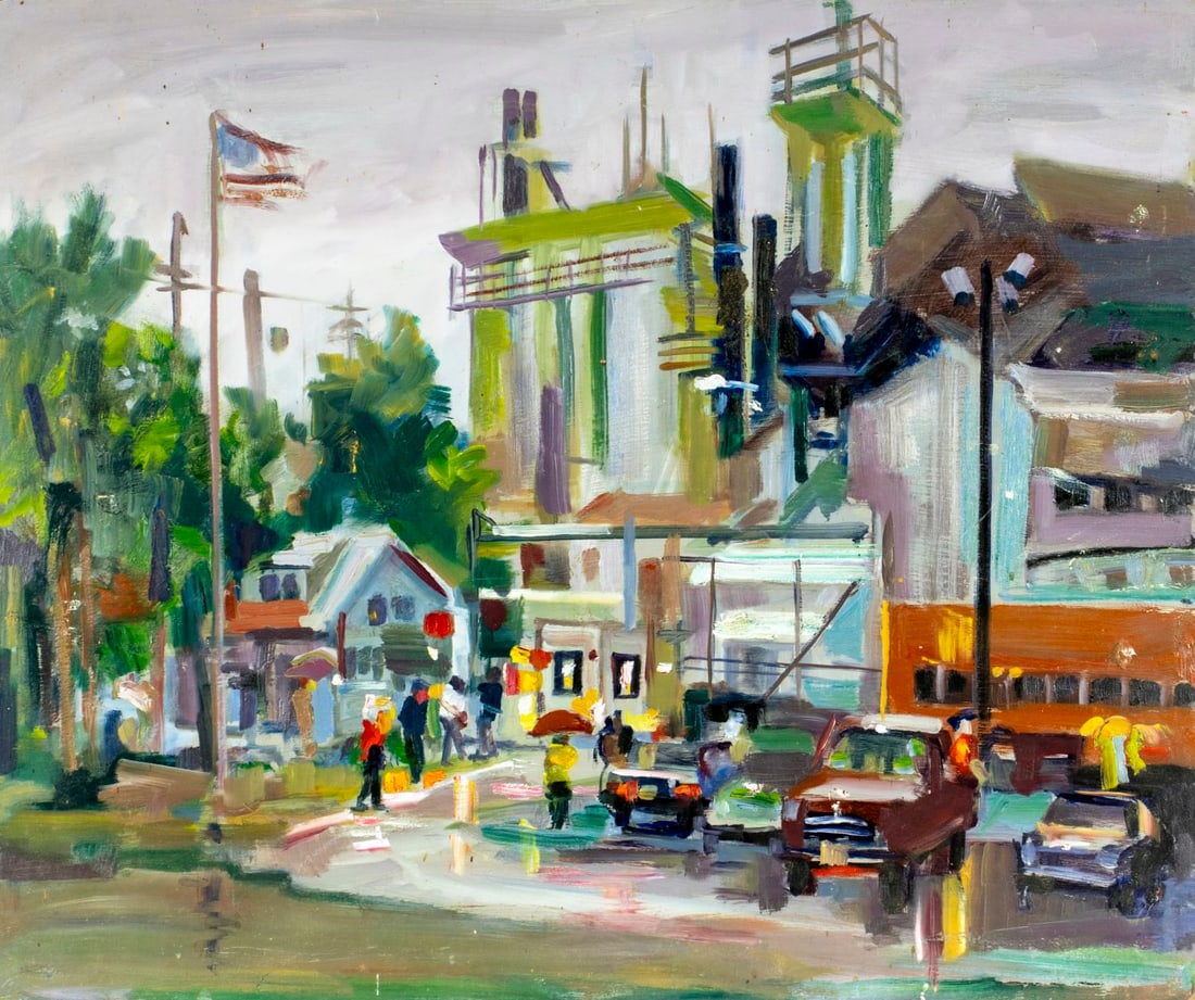 John Reilly (NY,NJ,1942-2021) oil painting: ARTIST: John Reilly (New York, New Jersey, 1942 - 2021) TITLE: Cityscape MEDIUM: oil on board CONDITION: Minor damage to the upper left corner. Some scratches/paint losses