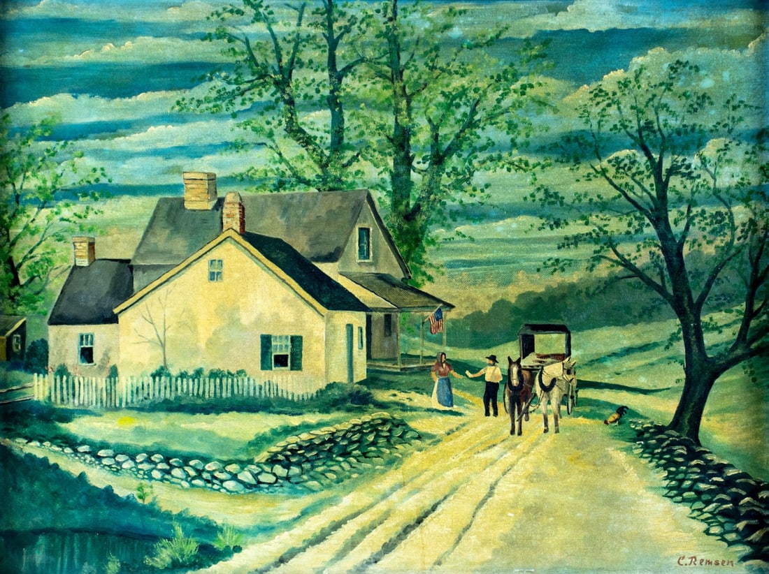 C Remsen (US,mid 20C) oil painting: ARTIST: C Remsen (American, mid 20 century) TITLE: Outdoor Scene with Postman MEDIUM: oil on canvas board CONDITION: Some small damage to the lower edge. Minor scratches/pai