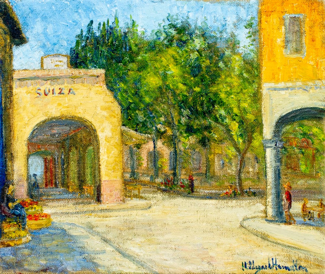 Hildegarde Hamilton (FL,VA,1898-1970) oil painting: ARTIST: Hildegarde Hume Hamilton (Florida, Virginia, 1898 - 1970) TITLE: Town Square Cityscape MEDIUM: oil on canvas CONDITION: Few minor paint losses. No visible inpaint