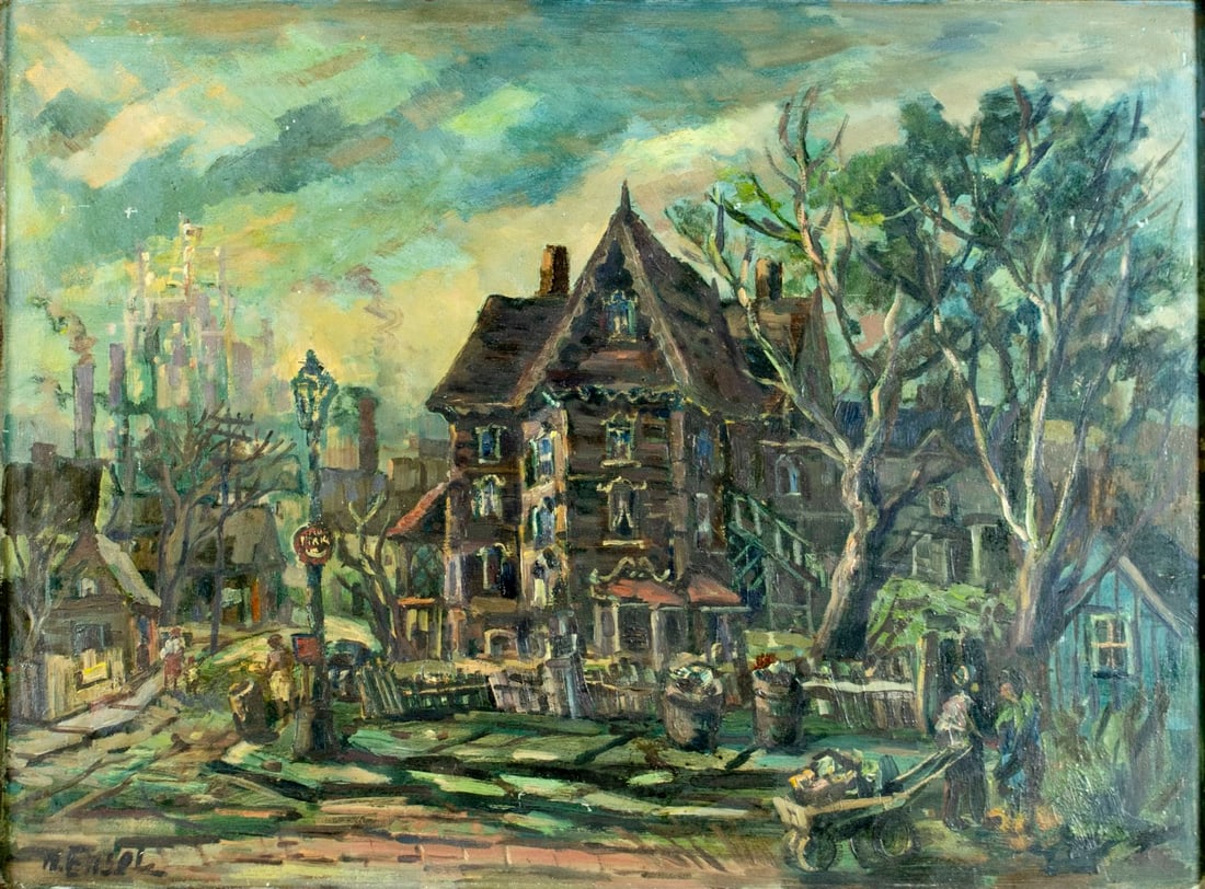 Henry Ensel (NY,mid 20C) oil painting: ARTIST: Henry Ensel (New York, mid 20 century) TITLE: Town Scene MEDIUM: oil on board CONDITION: Some scratches/paint losses. No visible inpaint under UV light. Minor damage