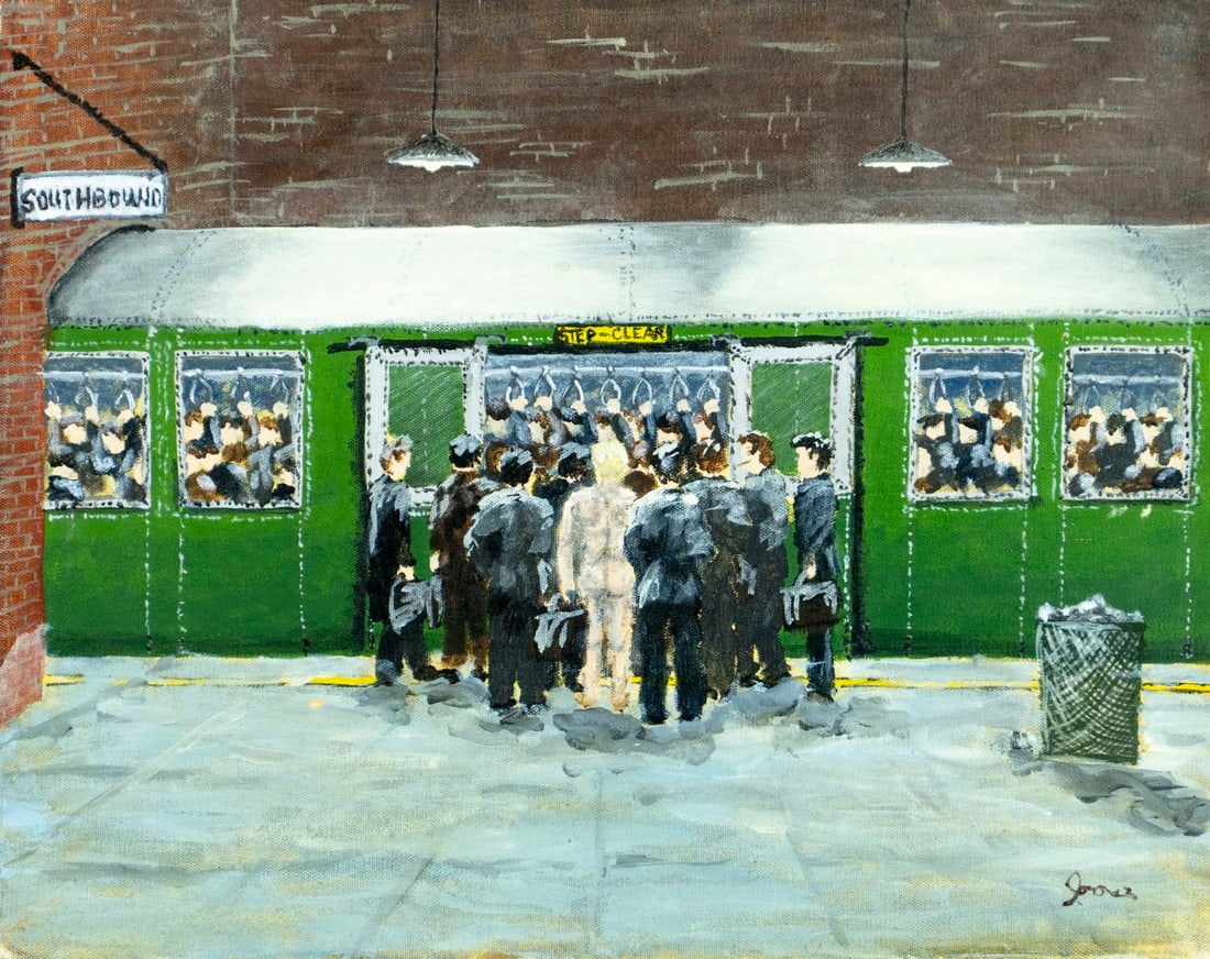 Vintage 20C American oil painting signed: ARTIST: - (American, 20 century) TITLE: New York Subway Scene MEDIUM: oil on canvas CONDITION: One pinhole puncture in the lower right quadrant. Few small scratches/paint