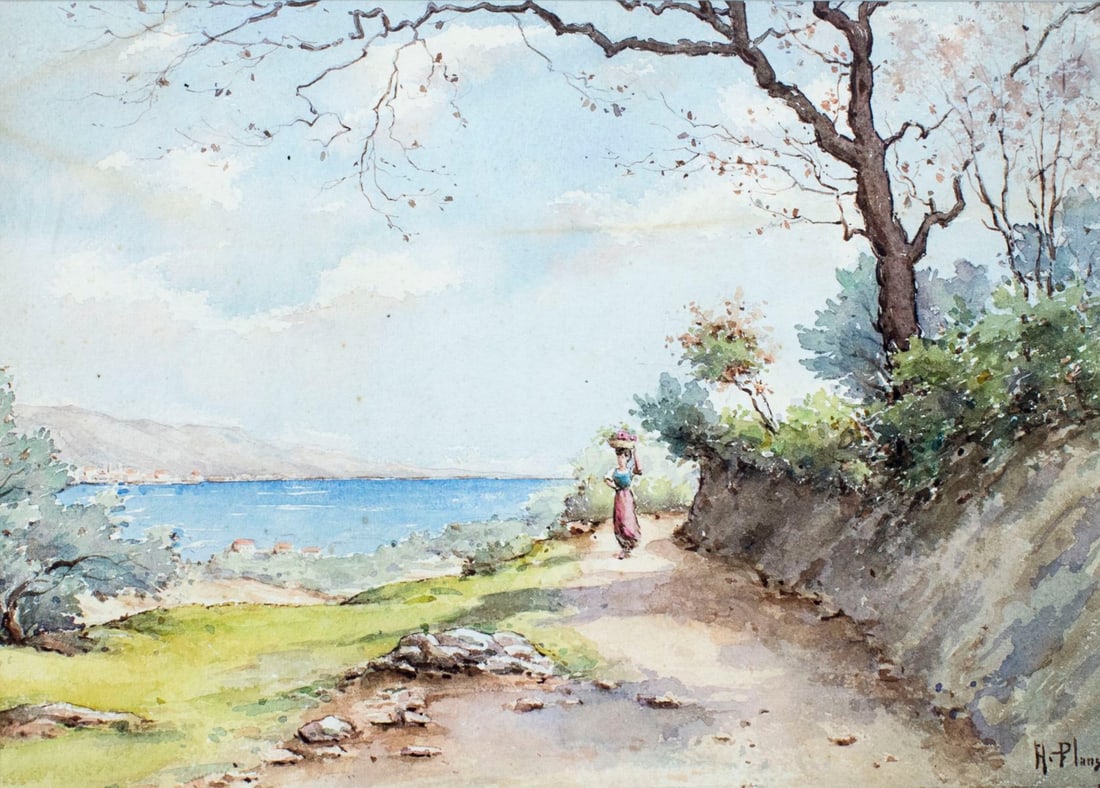 H Planson (France,early 20C) watercolor painting antique: ARTIST: H Planson (French, early 20 century) TITLE: Coastal Landscape MEDIUM: watercolor on paper CONDITION: Minor age toning. Minor foxing. Framed under glass.