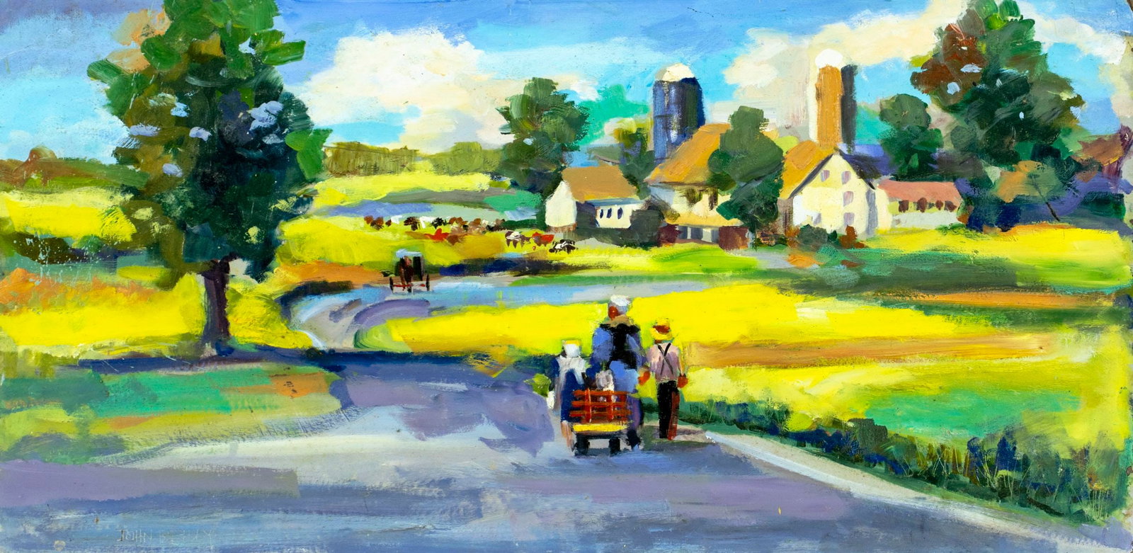 John Reilly (NY,NJ,1942-2021) oil painting: ARTIST: John Reilly (New York, New Jersey, 1942 - 2021) TITLE: Country Landscape MEDIUM: oil on board CONDITION: Some small damages to corners. Minor scratches/paint losse