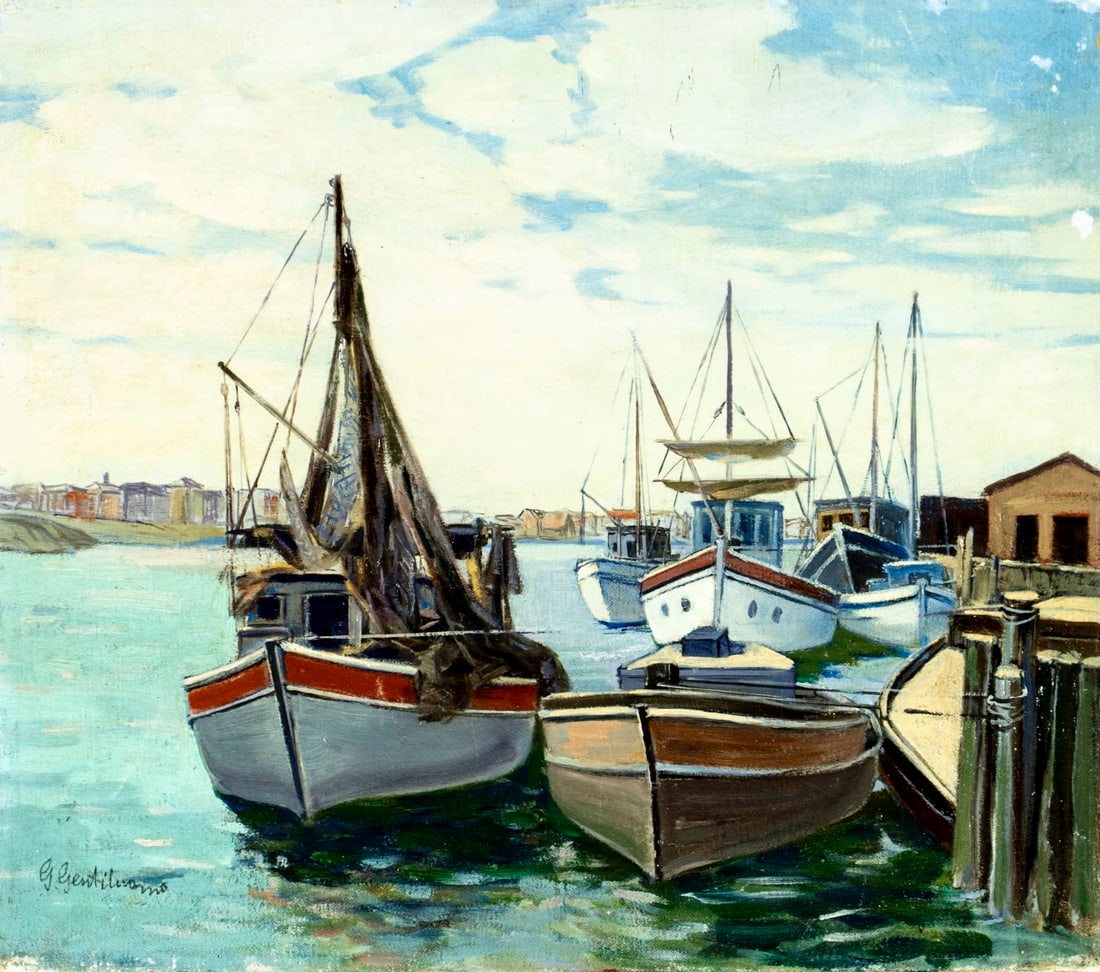 Giuseppe Gentiluomo (NY,mid 20C) oil painting: ARTIST: Giuseppe Gentiluomo (New York, mid 20 century) TITLE: Harbor Scene with Boats MEDIUM: oil on canvas CONDITION: Some scratches/paint losses mostly along edges. No vis