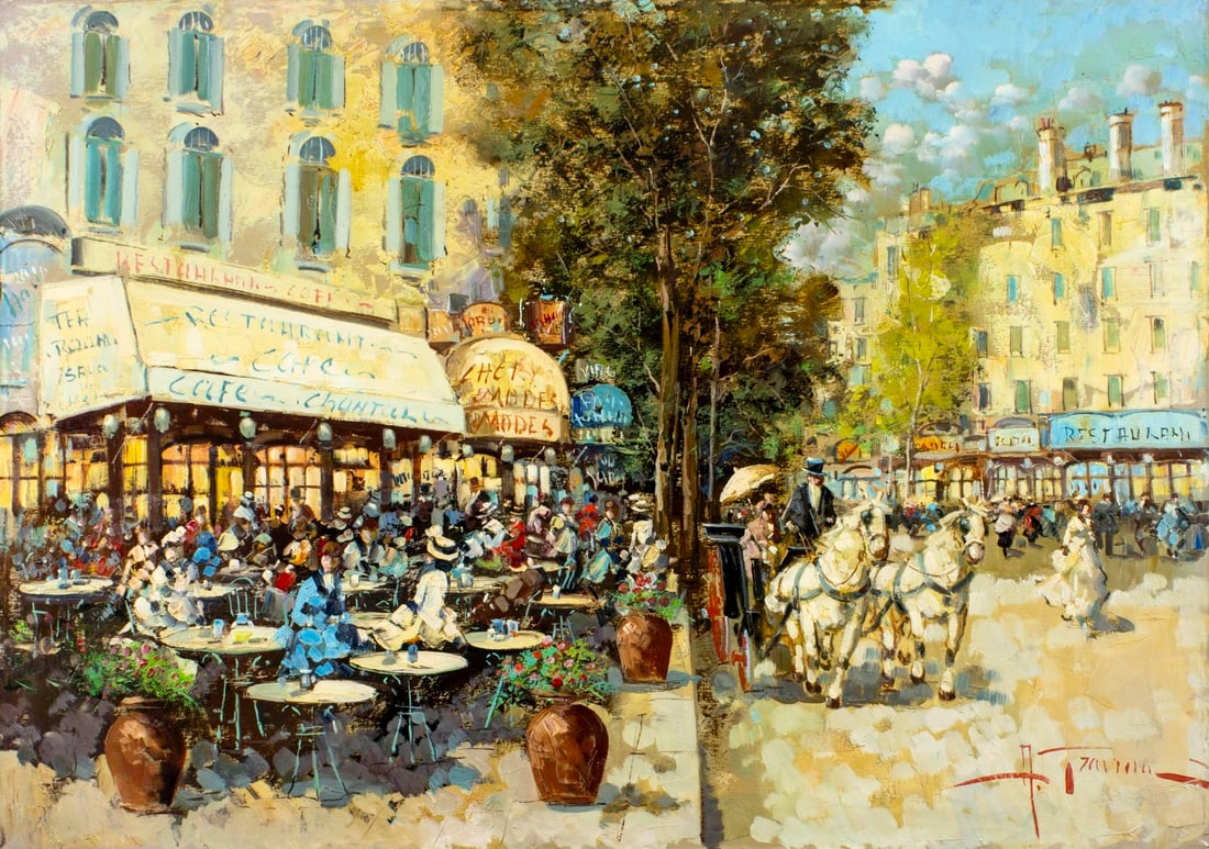 Antonio Gravina (Italy,1934-2011) oil painting: ARTIST: Antonio Gravina (Italian, 1934 - 2011) TITLE: Outdoor Restaurant Scene MEDIUM: oil on canvas CONDITION: Unstretched (In-House stretching available) (In-House stret
