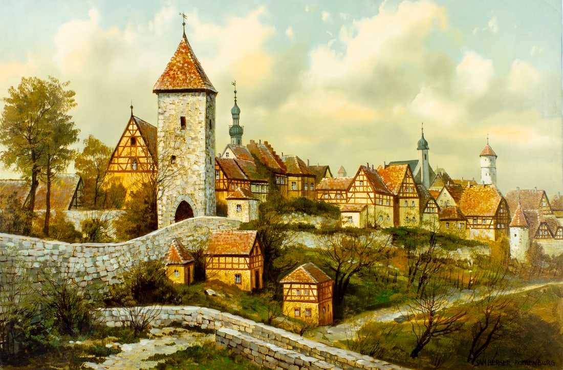Peter Samberger (Austria,Germany,1929-?) oil painting: ARTIST: Peter Samberger (Austrian, German, 1929 - ???) TITLE: Cityscape MEDIUM: oil on canvas CONDITION: Unstretched (In-House stretching available) (In-House stretching