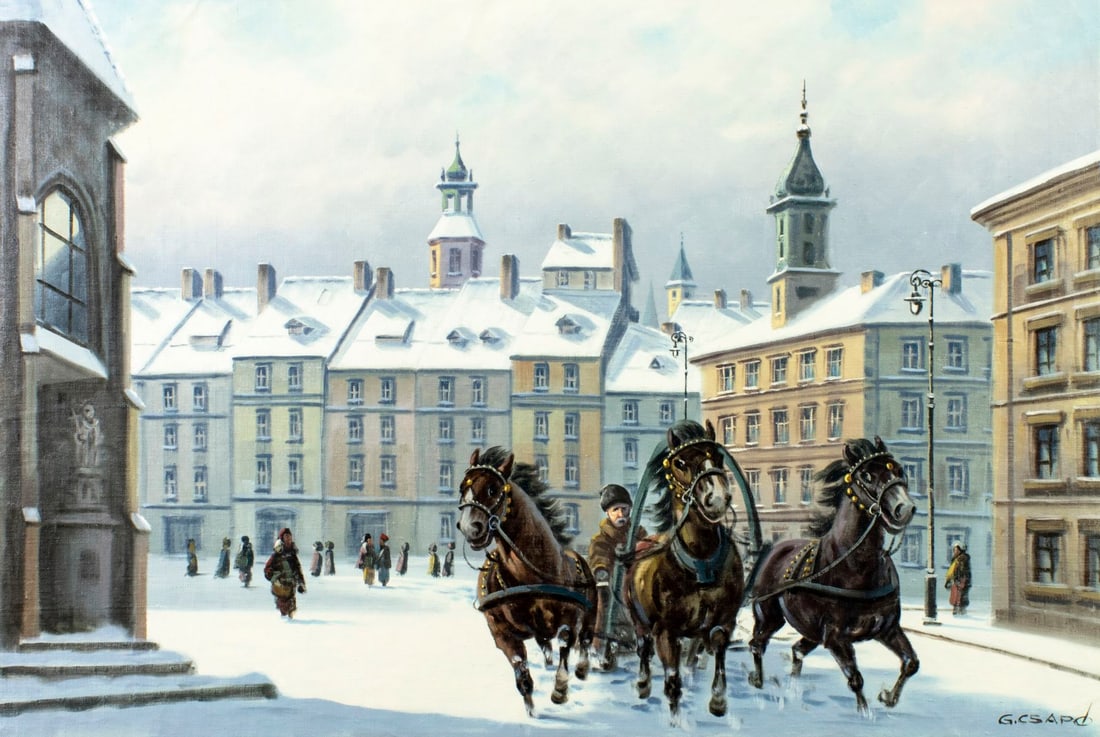 Georges Csapo (Hungary,1910-?) oil painting: ARTIST: Georges Csapo (Hungarian, 1910 - ???) TITLE: Winter Cityscape with Horse Carriage MEDIUM: oil on canvas CONDITION: Unstretched (In-House stretching available) (In-