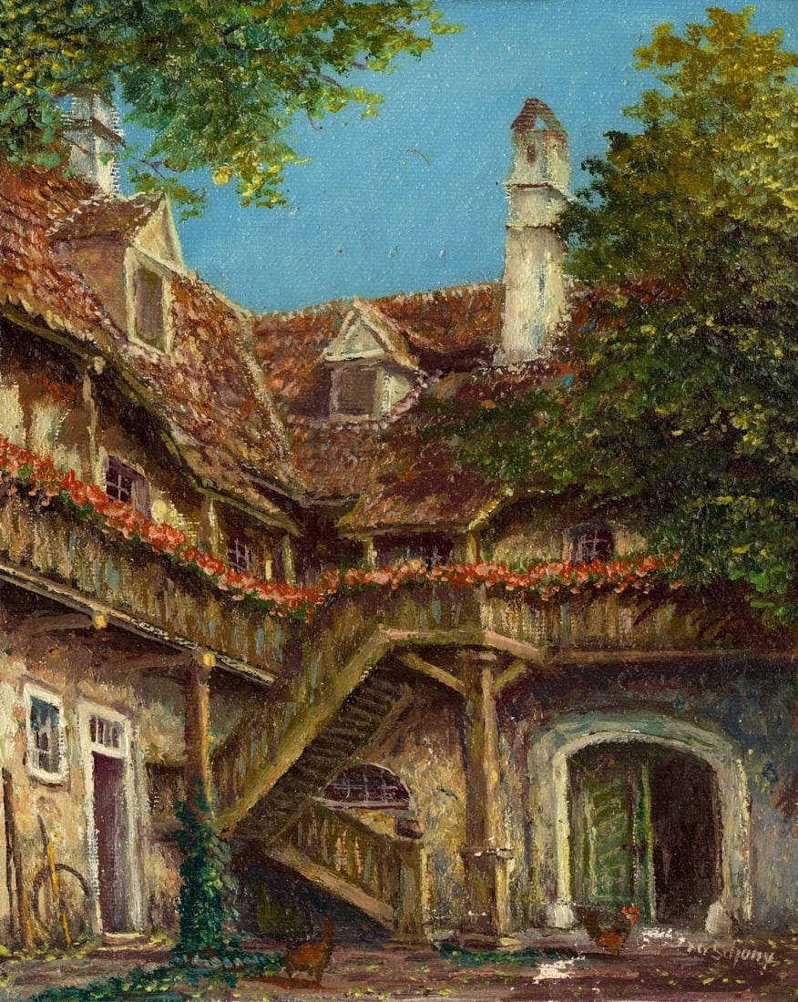 M Schony (German,1913-?) oil painting: ARTIST: M Schony (Germany, 1913 - ???) TITLE: Backyard Cityscape, Pfalz, Germany MEDIUM: oil on canvas CONDITION: Unstretched (In-House stretching available) (In-House str