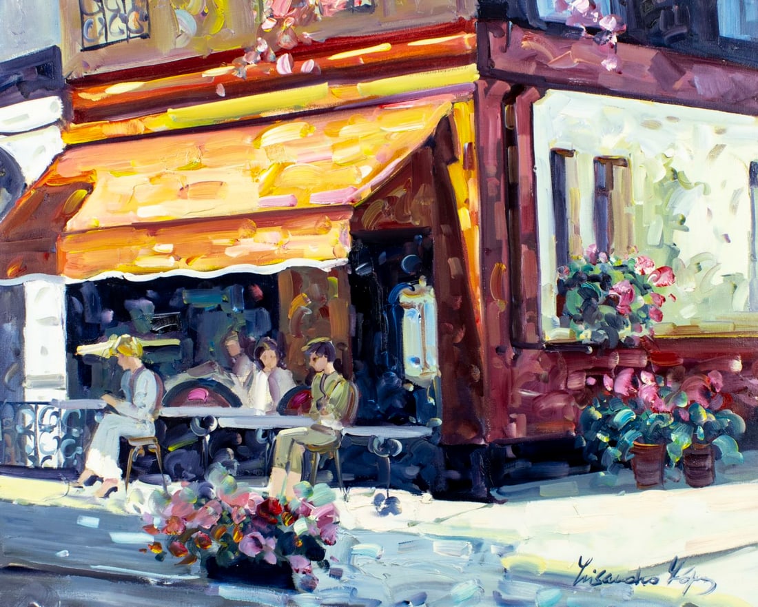 Lisandro Baylon (Argentina,US,1951-?) oil painting: ARTIST: Lisandro Lopez Baylon (Argentinian, American, 1951 - ???) TITLE: Outdoor Cafe Scene MEDIUM: oil on canvas CONDITION: Unstretched (In-House stretching available) (I