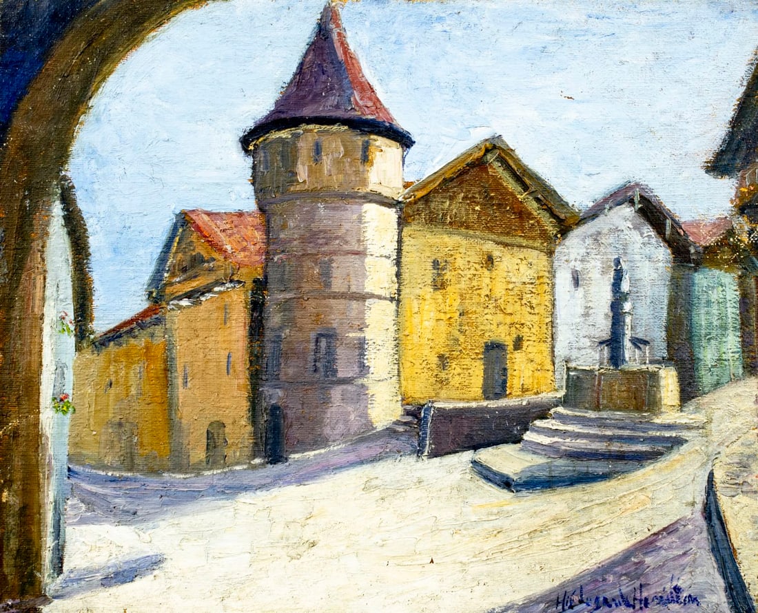 Hildegarde Hamilton (FL,VA,1898-1970) oil painting: ARTIST: Hildegarde Hume Hamilton (Florida, Virginia, 1898 - 1970) TITLE: Cityscape MEDIUM: oil on canvas CONDITION: Unstretched (In-House stretching available). Some small