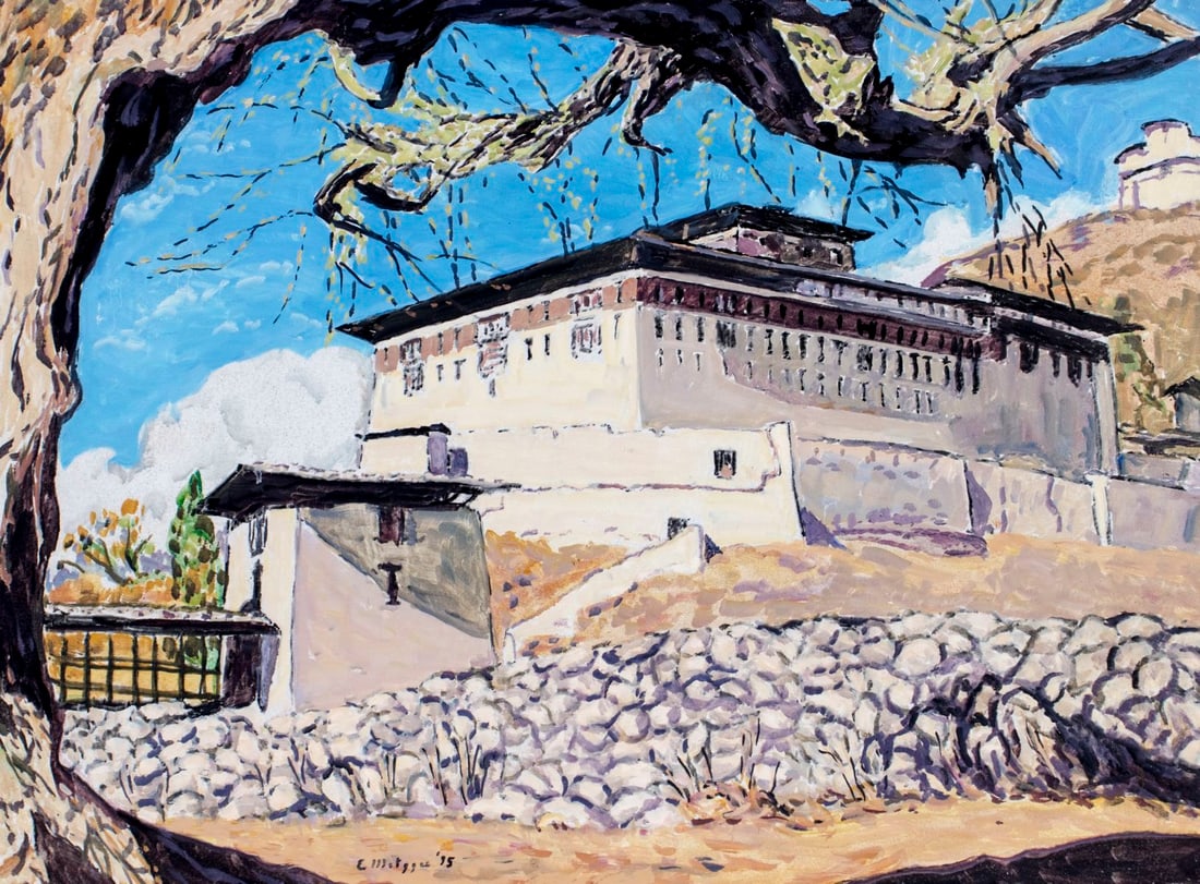 Evelyn Metzger (NY,Brazil,1911-2007) oil painting: ARTIST: Evelyn Borchard Metzger (New York, Brazilian, 1911 - 2007) TITLE: Bhutan, Paro Dzong (titled on verso) YEAR: 1995 MEDIUM: oil on board CONDITION: