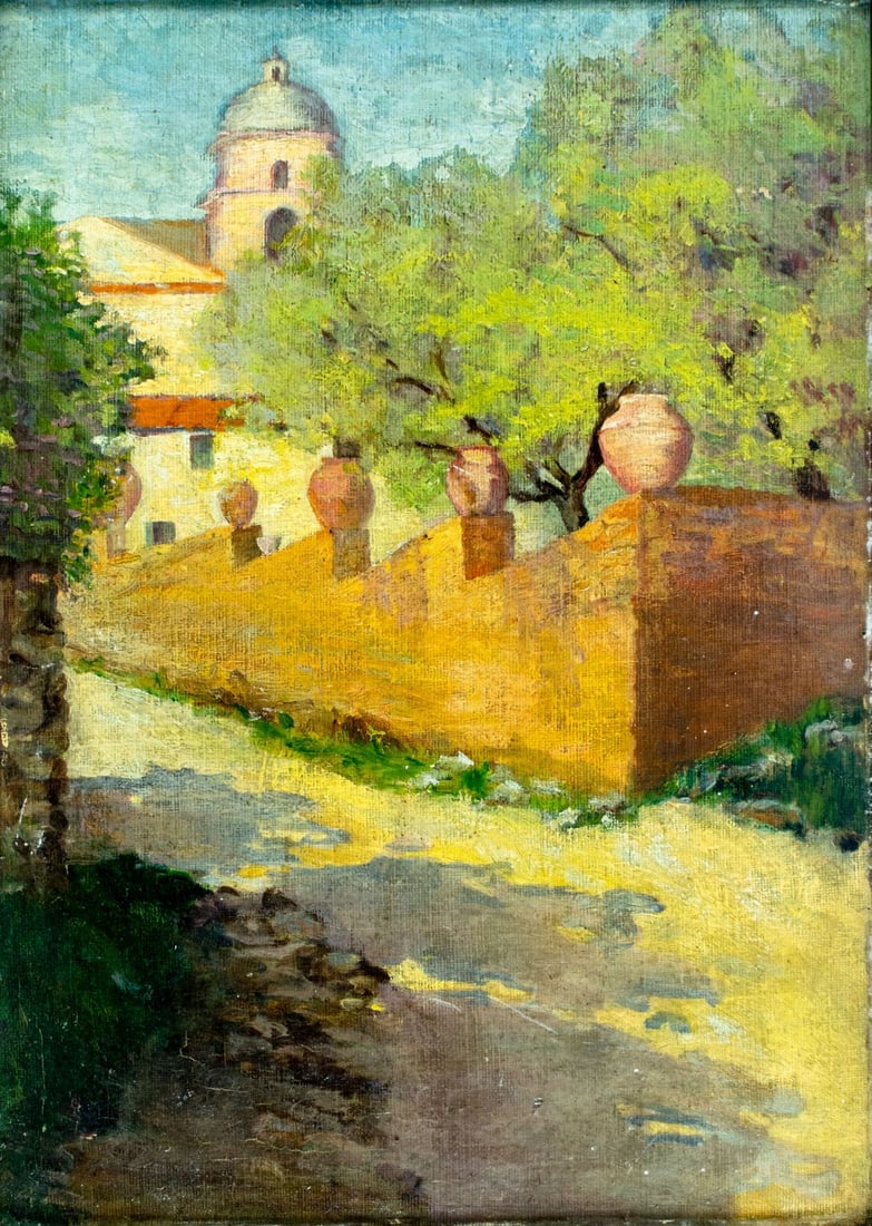 Antique early 20C American oil painting: ARTIST: - (American, early 20 century) TITLE: Cityscape MEDIUM: oil on canvas board CONDITION: Some small scratches/paint losses mostly along edges. Some craquelure. No vi