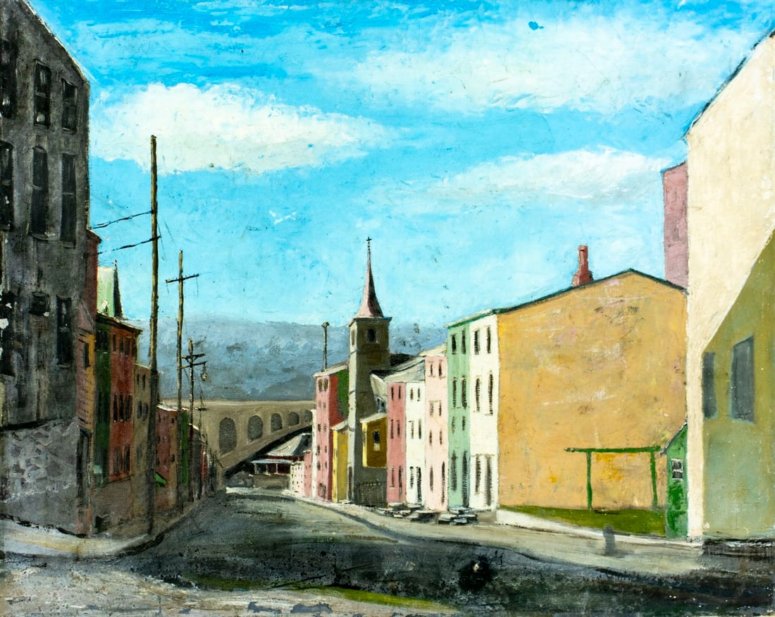 Vintage mid 20C American oil painting: ARTIST: - (American, mid 20 century) TITLE: Cityscape MEDIUM: oil on canvas CONDITION: One small patch. Some scratches/paint losses. Some craquelure. No visible inpaint un