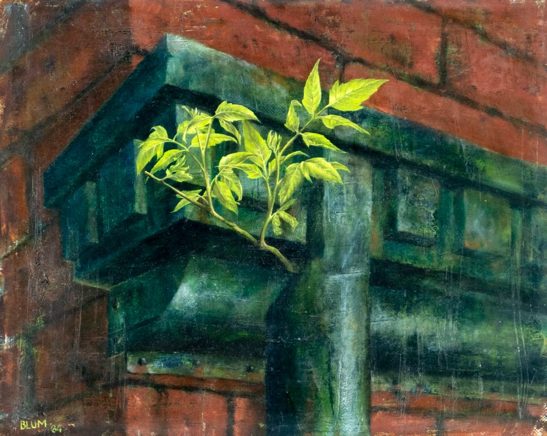 Charles Blum (NY,1925-1998) oil painting: ARTIST: Charles Blum (New York, 1925 - 1998) TITLE: Tree Growing from Building MEDIUM: oil on canvas board CONDITION: Some small scratches/paint losses. No visible inpaint