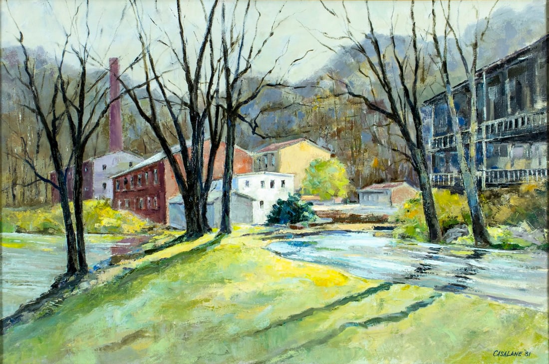Joseph Casalane (US,20C) oil painting: ARTIST: Joseph Casalane (American, 20 century) TITLE: Town Scene YEAR: 1981 MEDIUM: oil on canvas CONDITION: Overall good. No visible inpaint under UV li