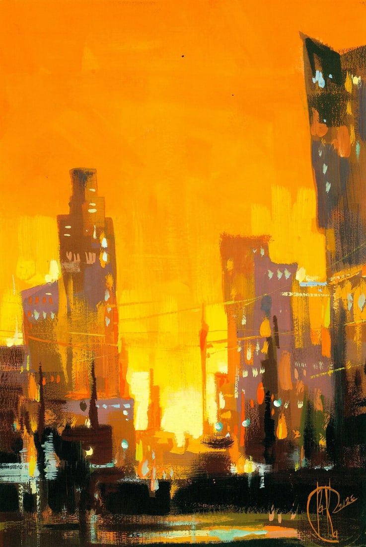 Ivanna Kotulych (Ukraine,20/21C) acrylic painting: ARTIST: Ivanna Kotulych (Ukrainian, 20/21 centuries) TITLE: Sunset Cityscape MEDIUM: acrylic on heavy paper CONDITION: Very good. ART SIZE: 8 x 6 inches