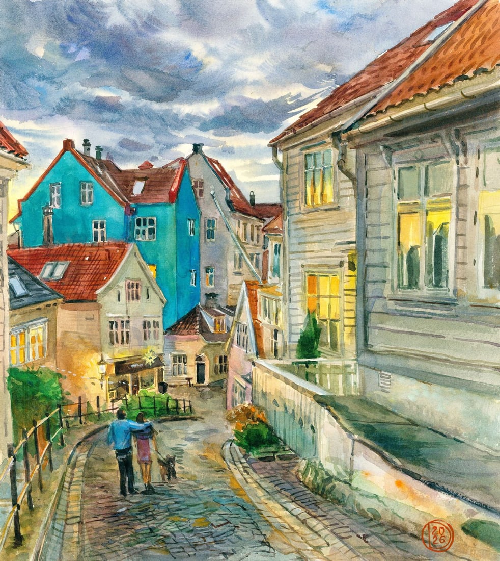 Olena Didenko (Ukraine,20/21C) watercolor painting: ARTIST: Olena Didenko (Ukrainian, 20/21 centuries) TITLE: Cityscape - Bergen, Norway (titled on verso) MEDIUM: watercolor on heavy paper CONDITION: Very good. ART