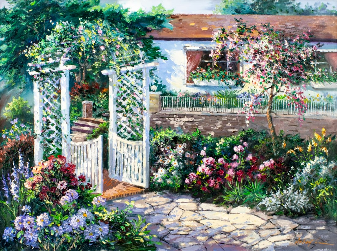 Robert Lui (Vietnam,NY,b 1951) oil painting: ARTIST: Robert Lui (Vietnamese, New York, born 1951) TITLE: Flower Garden Landscape MEDIUM: oil on canvas CONDITION: Unstretched (In-House stretching available) (In-House st