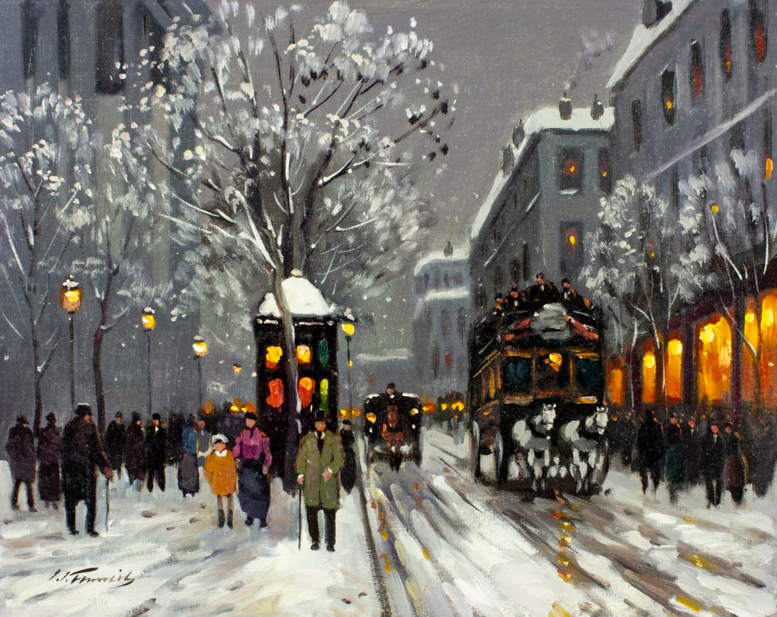 L Francis (France,20C) oil painting: ARTIST: L Francis (French, 20 century) TITLE: Evening Paris Cityscape MEDIUM: oil on canvas CONDITION: Unstretched (In-House stretching available) (In-House stretching avail