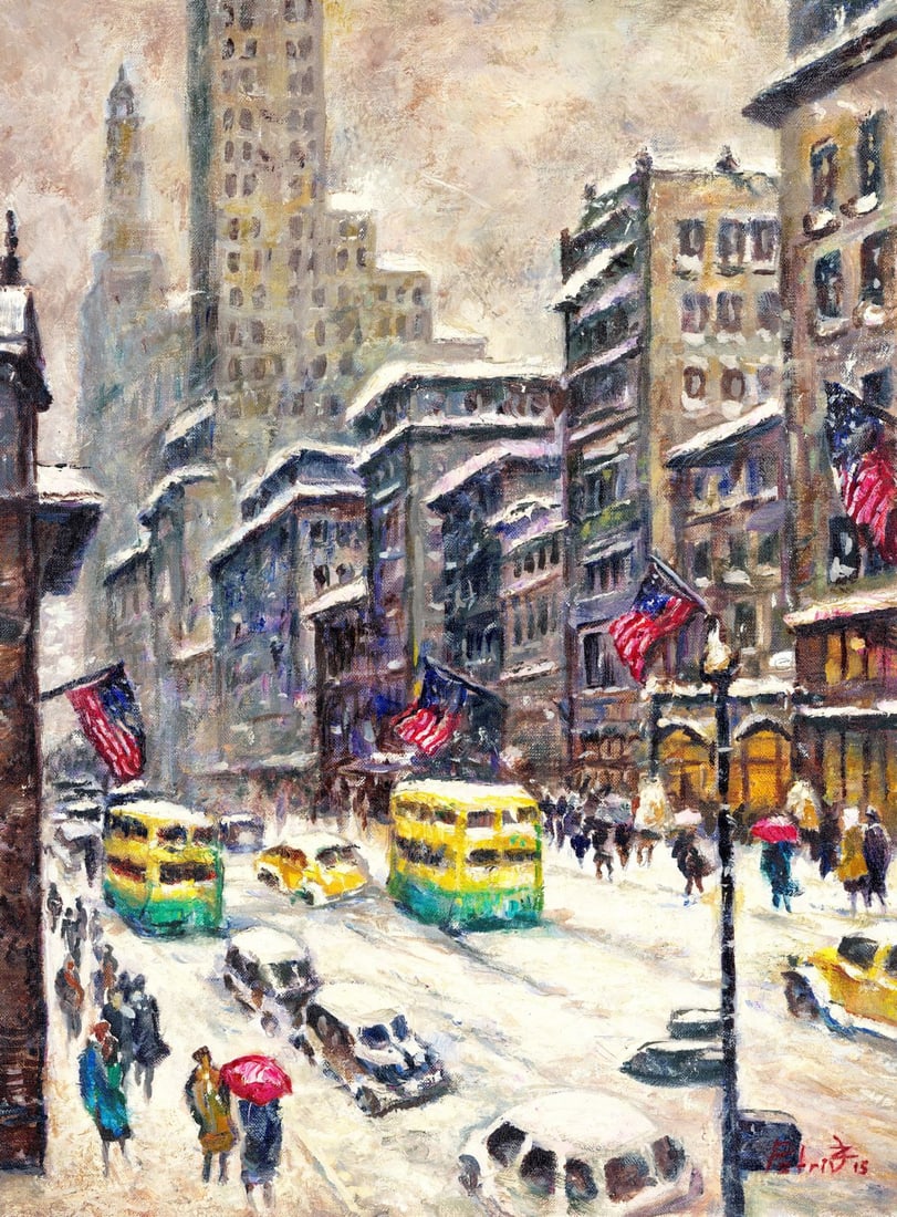 Zoriana Petriv (Ukraine,b 1994) oil painting: ARTIST: Zoriana Petriv (Ukraine, born 1994) TITLE: Winter New York Cityscape MEDIUM: oil on canvas CONDITION: Unstretched (In-House stretching available). Very good. No visi