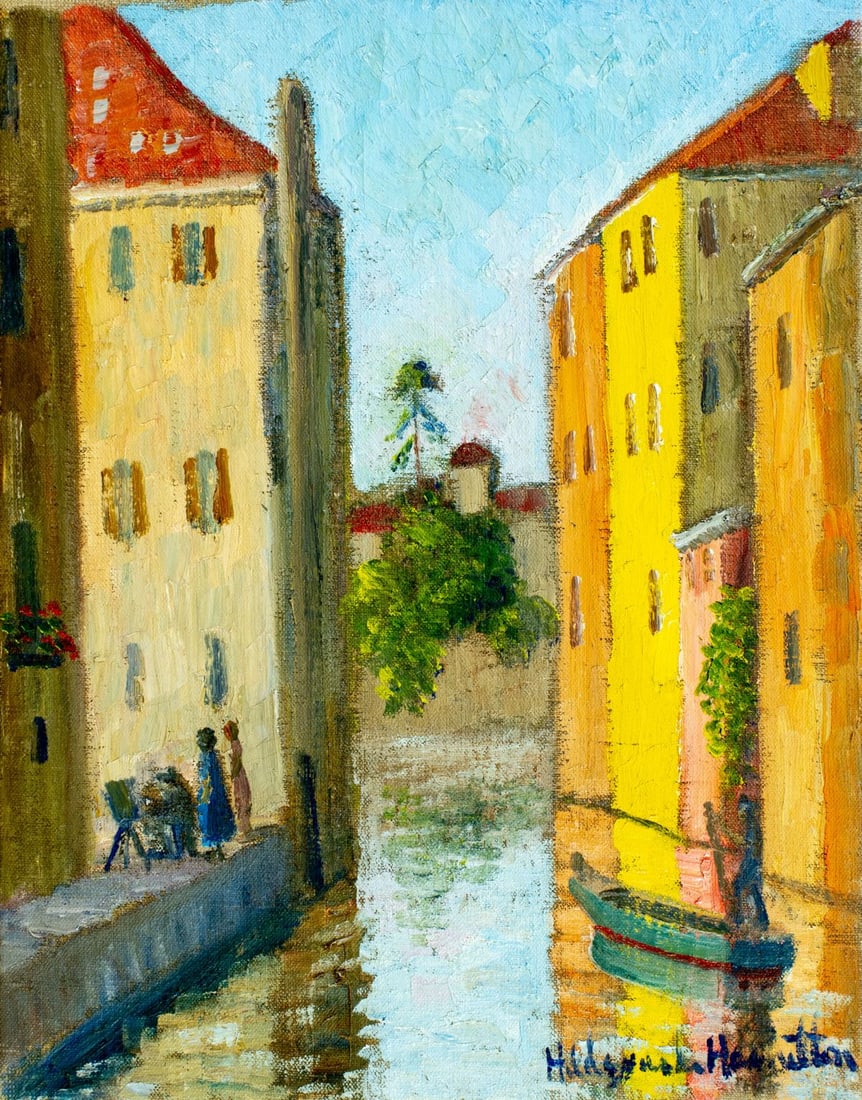 Hildegarde Hamilton (FL,VA,1898-1970) oil painting: ARTIST: Hildegarde Hume Hamilton (Florida, Virginia, 1898 - 1970) TITLE: Grand Canal Cityscape, Venice, Italy (titled on verso) MEDIUM: oil on canvas CONDITION: Some craq