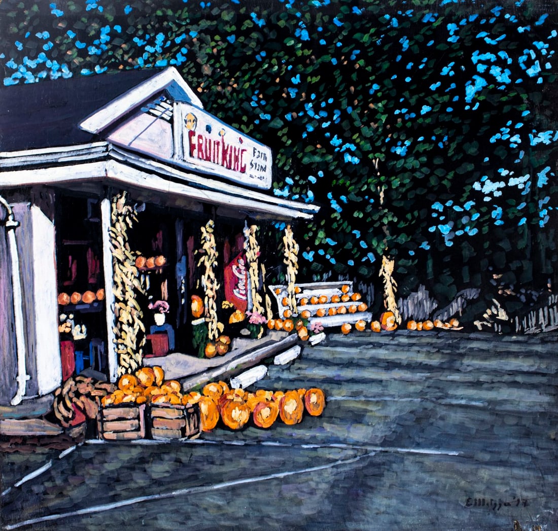Evelyn Metzger (NY,Brazil,1911-2007) oil painting: ARTIST: Evelyn Borchard Metzger (New York, Brazilian, 1911 - 2007) TITLE: Fruit King Farm Stand YEAR: 1994 MEDIUM: oil on board CONDITION: Few minor scra