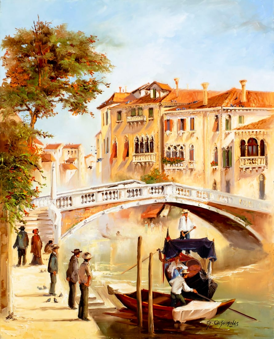 Georges Corominas (France,1945-?) oil painting: ARTIST: Georges Corominas (French, 1945 - ?) TITLE: Cityscape - Bridge de Cannaregio, Venice (titled on stretcher) MEDIUM: oil on canvas CONDITION: Very good. No visible i