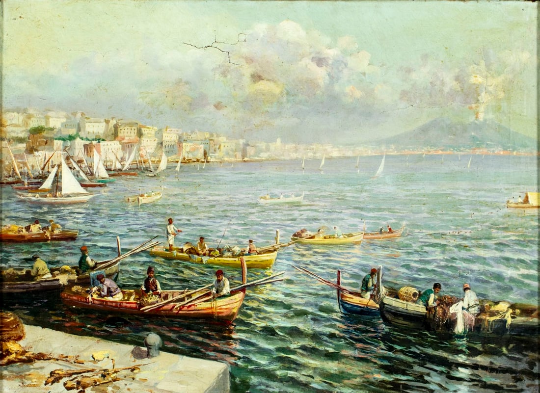 Antique 19C French oil painting signed: ARTIST: - (France, 19 century) TITLE: Harbor Scene with Fishing Boats MEDIUM: oil on canvas. Canvas applied to board. CONDITION: Some scratches/paint losses. Some craquelure