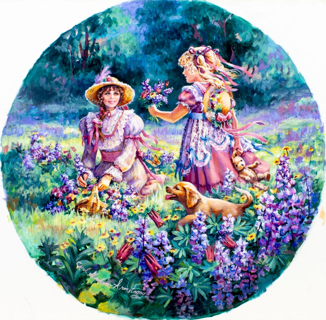 Carol Graham Armstrong (US,20C) oil painting: ARTIST: Carol Graham Armstrong (American, 20 century) TITLE: Mother, Girl and Puppy YEAR: 1993 MEDIUM: oil on canvas CONDITION: Very good. No visible inp