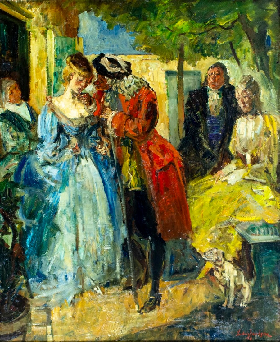Ludvig Jacobsen (Denmark,1890-1957) oil painting: ARTIST: Carl Gustav Ludvig Jacobsen (Danish, 1890 - 1957) TITLE: Pernilles korte Praekenstund MEDIUM: oil on canvas CONDITION: Few minor paint losses. Minor craquelure. No