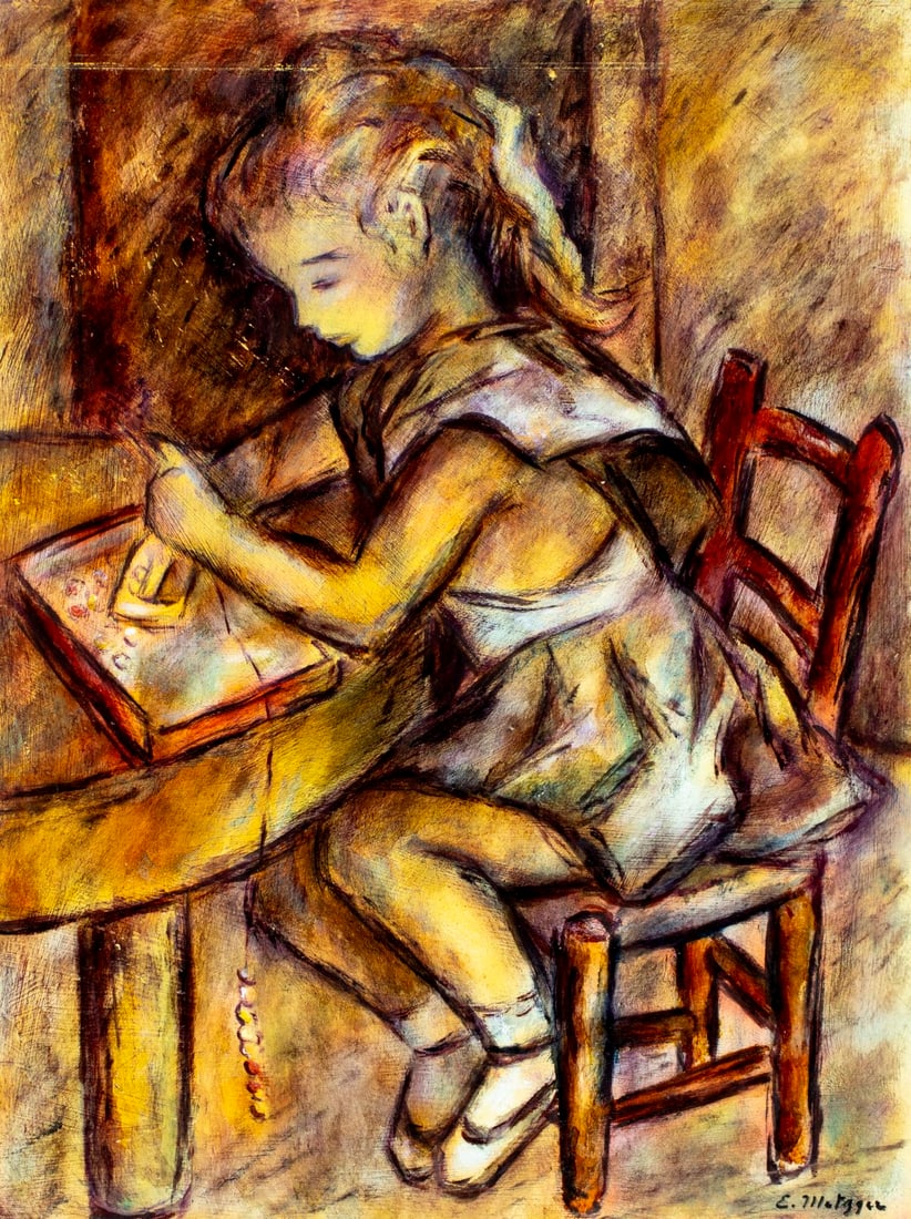 Evelyn Metzger (NY,Brazil,1911-2007) oil painting: ARTIST: Evelyn Borchard Metzger (New York, Brazilian, 1911 - 2007) TITLE: Girl with Beads MEDIUM: oil on board CONDITION: Some scratches mostly in the upper left quadrant.