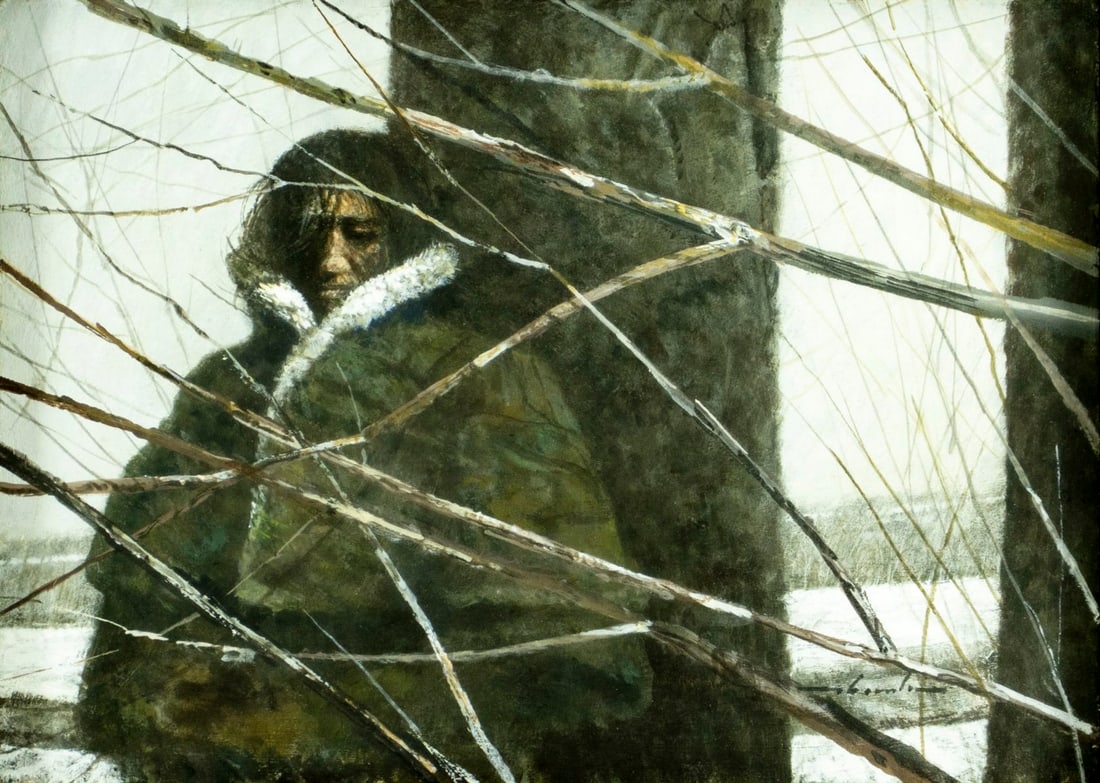 William Thomson (US,20C) tempera painting: ARTIST: William Thomson (American, 20 century) TITLE: Northern Hideout (titled on verso) MEDIUM: tempera on board CONDITION: Very good. Framed under glass. Minor damages to