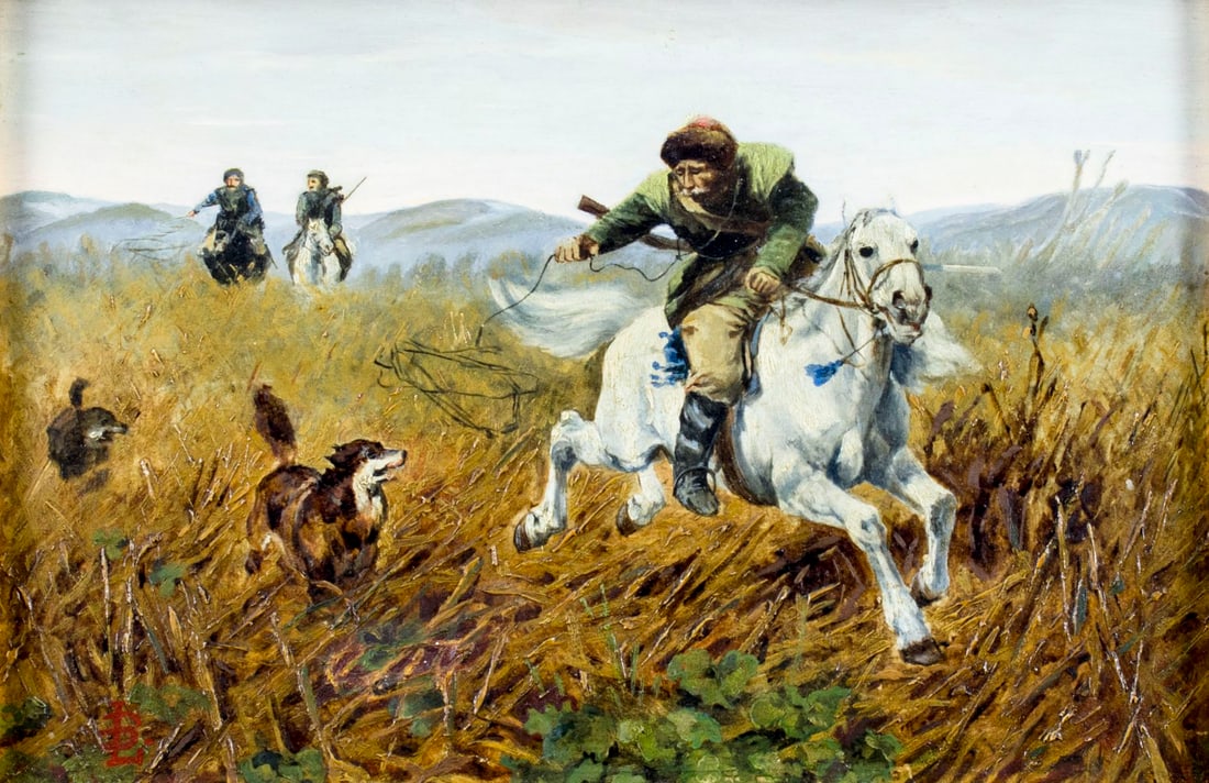 Vintage mid 20C European oil painting signed: ARTIST: - (European, mid 20 century) TITLE: Hunting Scene MEDIUM: oil on board CONDITION: Missing a few flakes of paint. No visible inpaint under UV light. ART