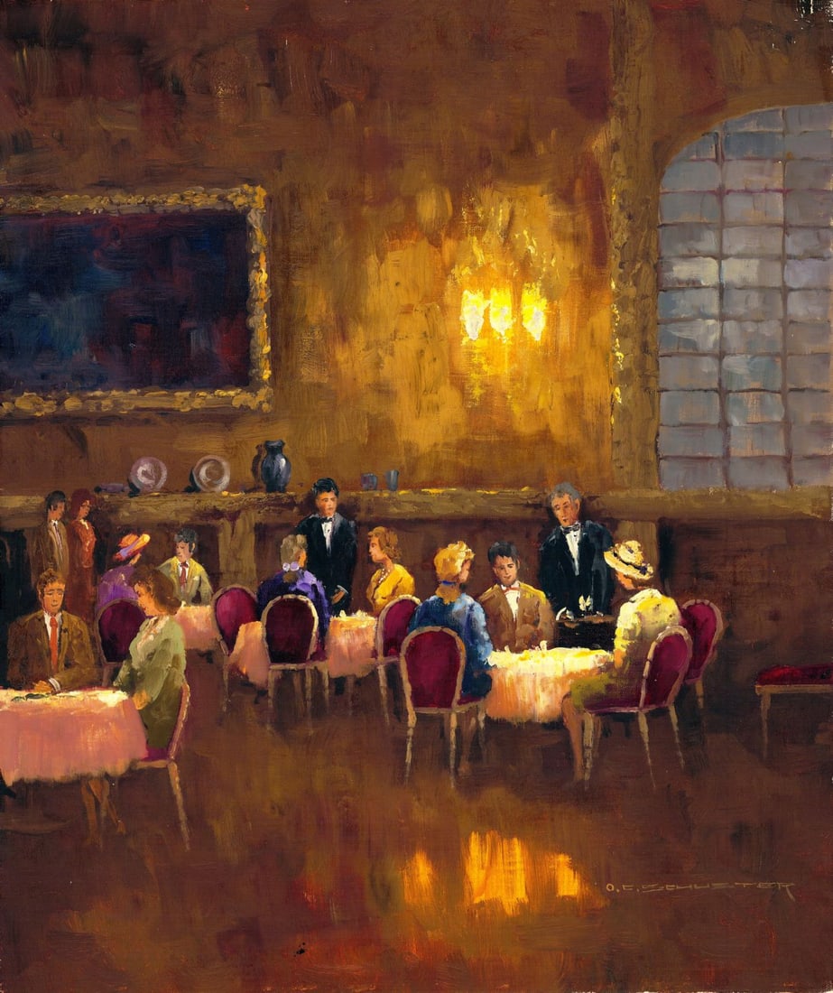 Otto Schuster (German,1924-?) oil painting: ARTIST: Otto C Schuster (Germany, 1924 - ???) TITLE: Restaurant Scene MEDIUM: oil on canvas CONDITION: Unstretched (In-House stretching available). Some small paint losses