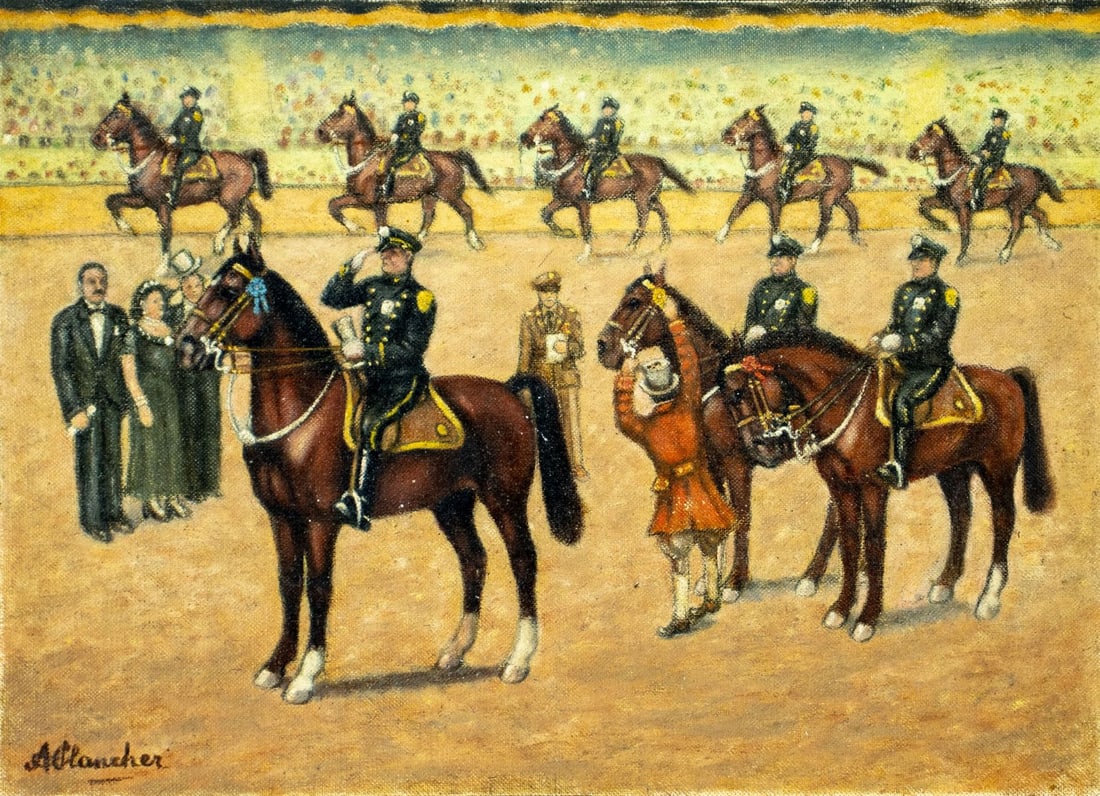 Arnold Plancher (NY,mid 20C) oil painting: ARTIST: Arnold Plancher (New York, mid 20 century) TITLE: New York Mounted Police (titled on verso) MEDIUM: oil on canvas board CONDITION: Minor damages to corners. Missing