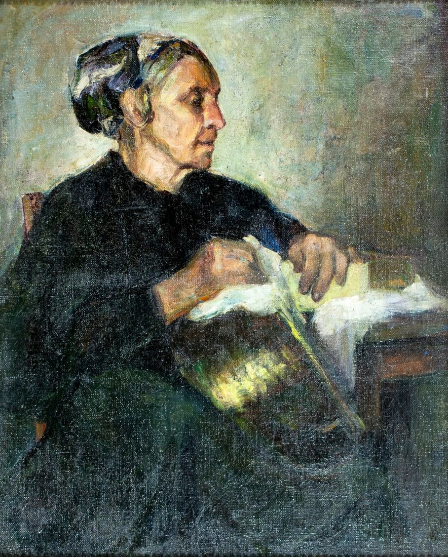 Antique 19C French oil painting: ARTIST: - (France, 19 century) TITLE: Woman Cleaning a Pan MEDIUM: oil on canvas CONDITION: Some small paint losses. Some craquelure. Some scattered small inpaintings. Min