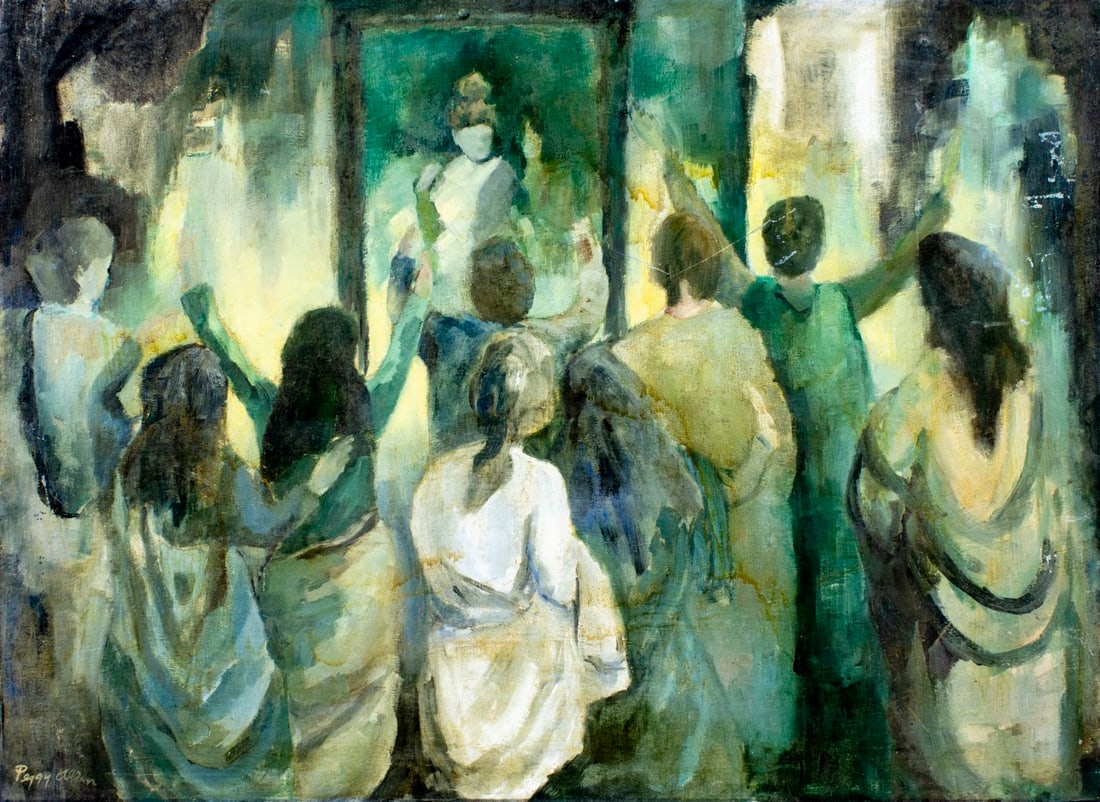 Peggy Allen (US,mid 20C) oil painting: ARTIST: Peggy Allen (American, mid 20 century) TITLE: Praying People MEDIUM: oil on canvas. Canvas applied to board. CONDITION: Minor damages to the upper edge. Some scratch