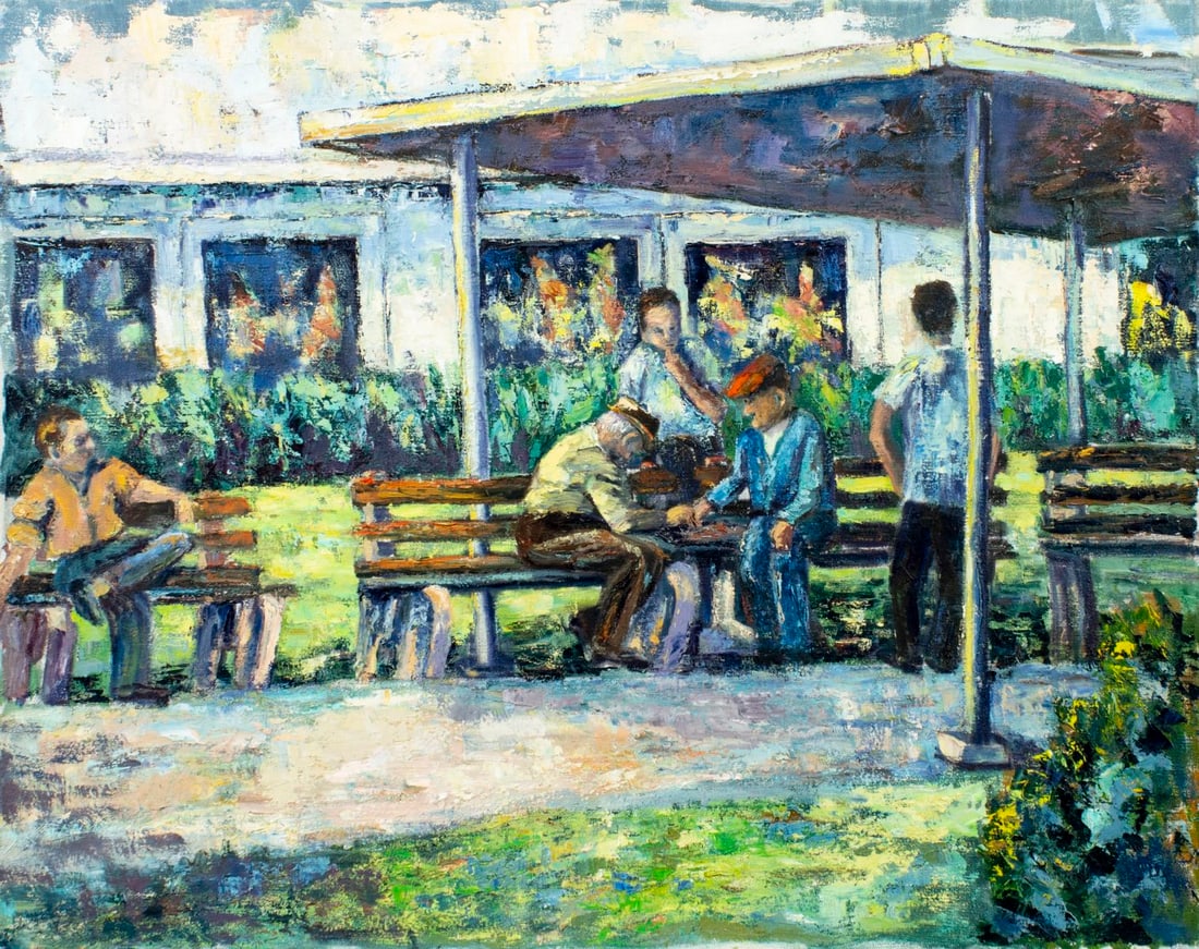 Vintage mid 20C American oil painting: ARTIST: - (American, mid 20 century) TITLE: Park Scene MEDIUM: oil on canvas CONDITION: Missing a few flakes of paint. Some craquelure. No visible inpaint under UV light.