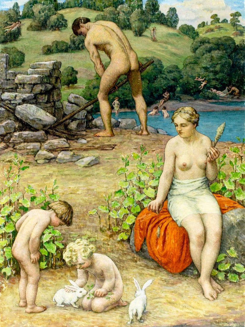 Bryson Burroughs (NY,MA,1869-1934) oil painting antique: ARTIST: Bryson Burroughs (New York, Massachusetts, 1869 - 1934) TITLE: Adam And Eve Banished From The Garden MEDIUM: oil on canvas CONDITION: Some small scratches/paint lo