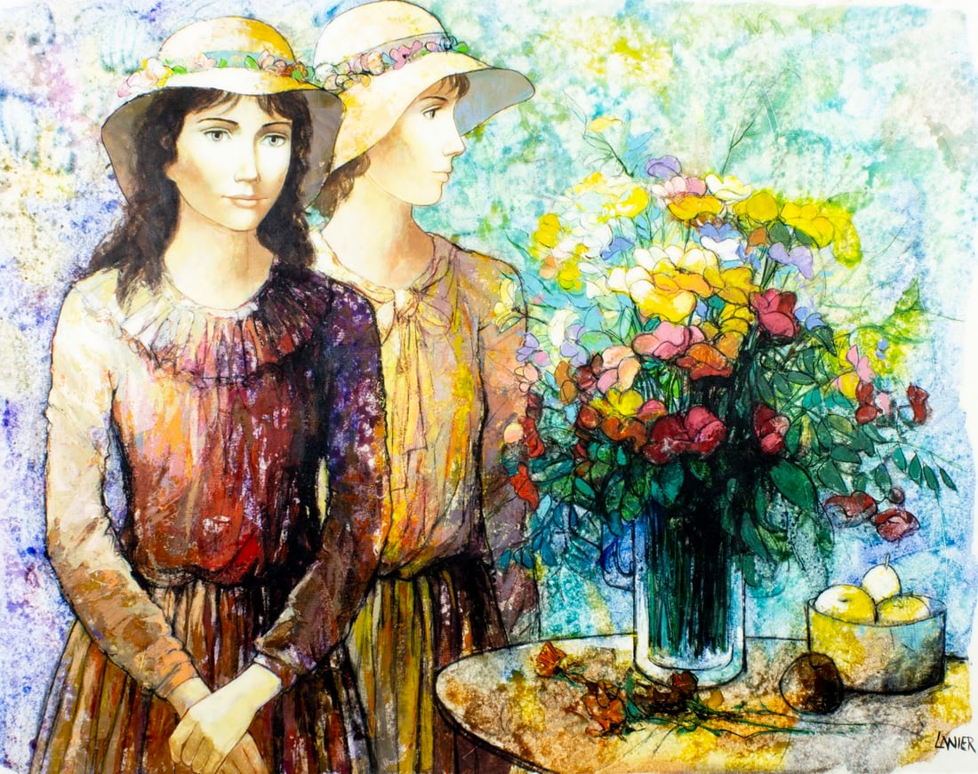 Charles Lanier (US,1938-?) oil painting: ARTIST: Charles Lanier (American, 1938 - ???) TITLE: Two Women with Vase of Flowers MEDIUM: oil on canvas CONDITION: Unstretched (In-House stretching available) (In-House