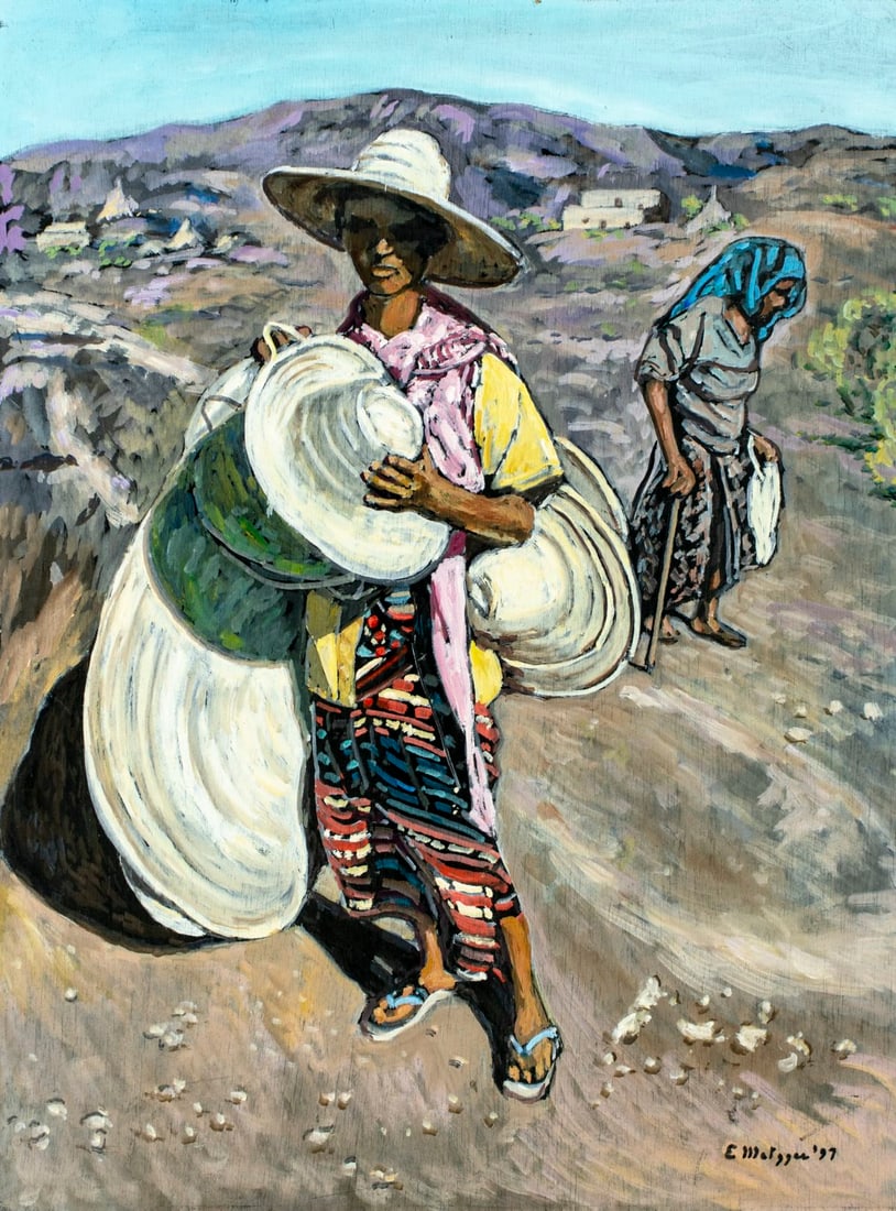 Evelyn Metzger (NY,Brazil,1911-2007) oil painting: ARTIST: Evelyn Borchard Metzger (New York, Brazilian, 1911 - 2007) TITLE: Hats Seller YEAR: 1997 MEDIUM: oil on board CONDITION: Few small scratches/pa