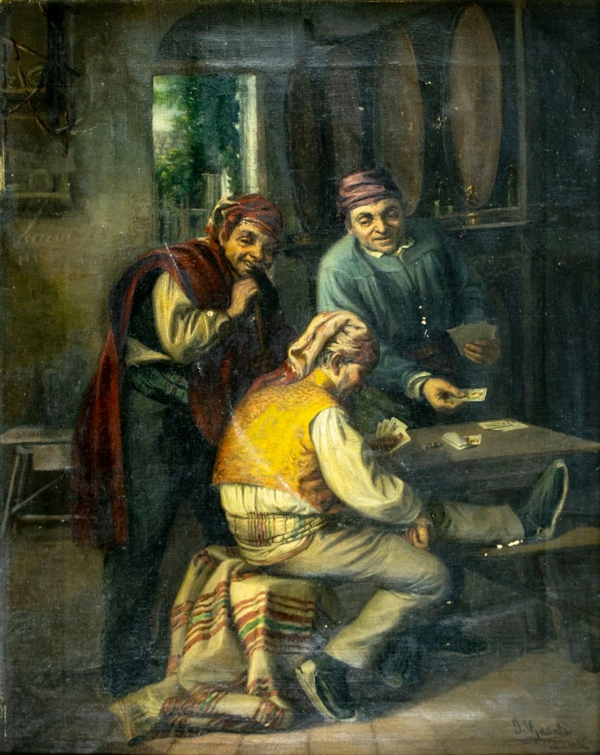 Jose Gastaldi (Spain,1842-1886) oil painting antique: ARTIST: Jose Gastaldi y Bo (Spanish, 1842 - 1886) TITLE: Card Players YEAR: 1876 MEDIUM: oil on canvas CONDITION: Two small patches. Some scratches/paint