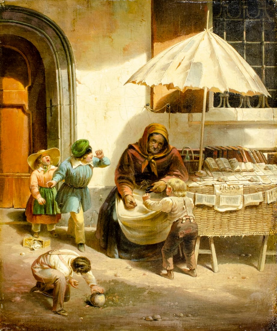 Friedrich Sturm (Austria,1822-1898) oil painting antique: ARTIST: Friedrich Sturm (Austrian, 1822 - 1898) TITLE: The Bookseller MEDIUM: oil on canvas CONDITION: One small repaired tear. Some craquelure. Some scattered inpaintings