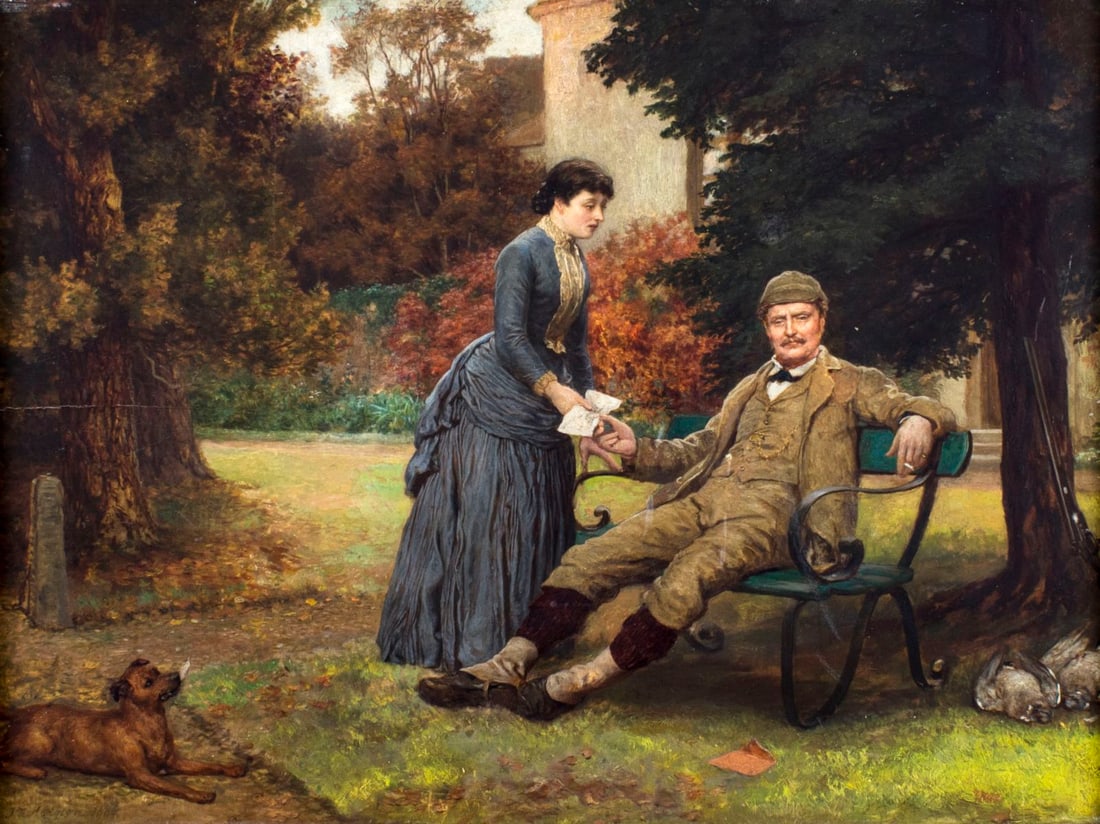 John Evan Hodgson (UK,1831-1895) oil painting antique: ARTIST: John Evan Hodgson (British, 1831 - 1895) NAME: Return from the Shoot YEAR: 1888 MEDIUM: oil on board CONDITION: Horizontal crack to left edge of board. Very minor
