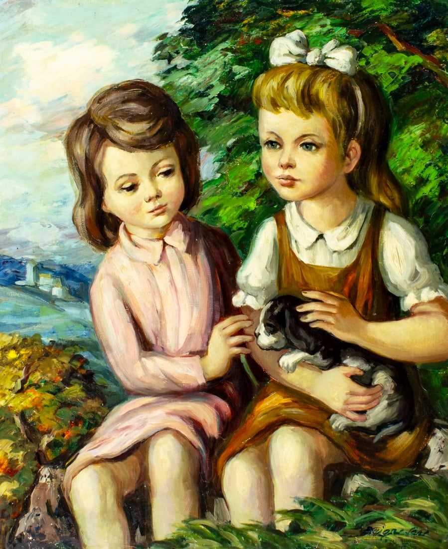 Jose Buigas (Spain,1927-?) oil painting: ARTIST: Jose Buigas (Spanish, 1927 - ???) TITLE: Two Girls with Puppy MEDIUM: oil on canvas CONDITION: Unstretched (In-House stretching available) (In-House stretching ava