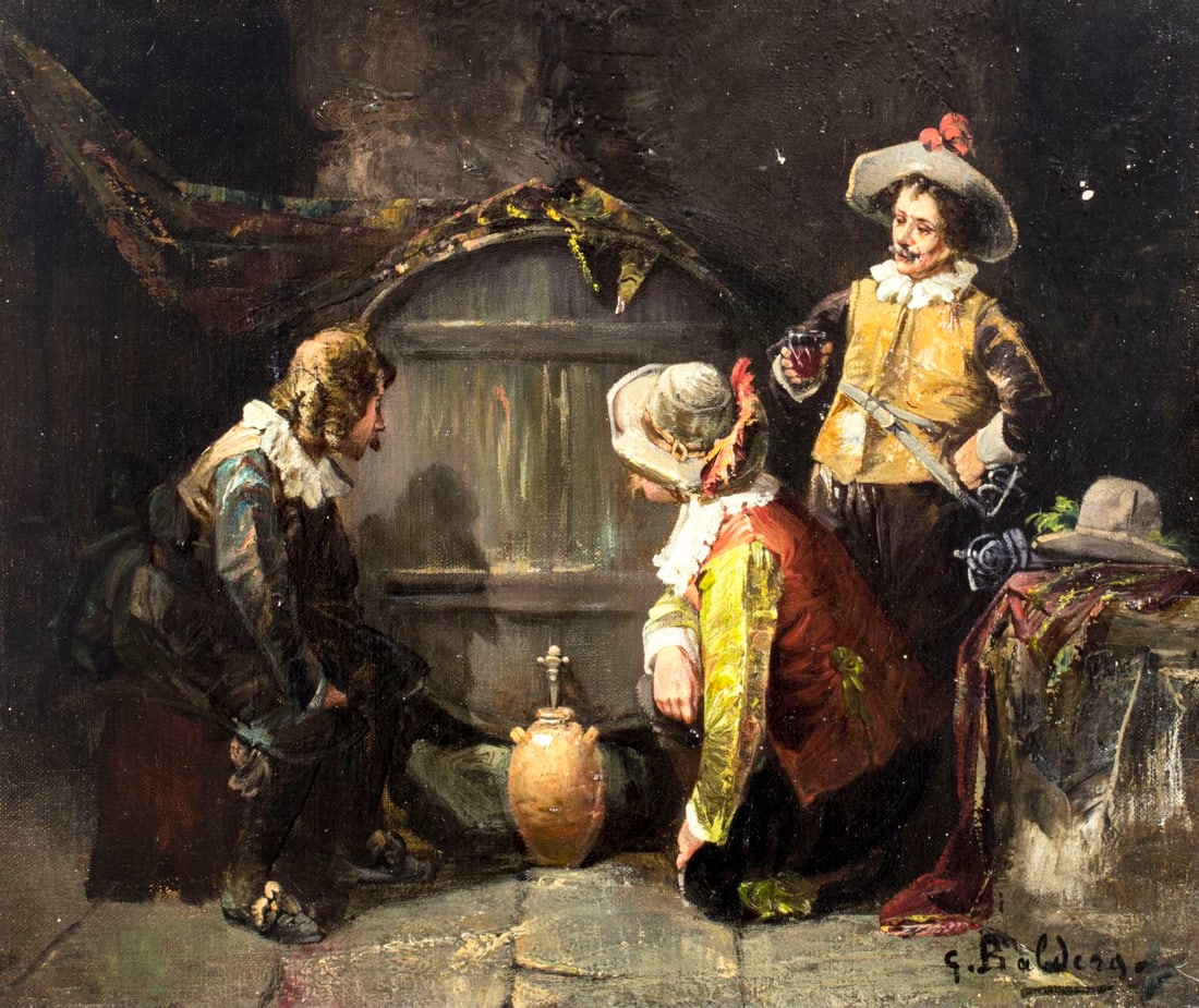 Luigi Giorgio Baldero (Italy,19/20C) oil painting antique: ARTIST: Luigi Giorgio Baldero (Italian, Spain, France, 19/20 century) NAME: Three Cavaliers MEDIUM: oil on canvas CONDITION: Missing few flakes of paint. Very minor craquelure. Few minor sca